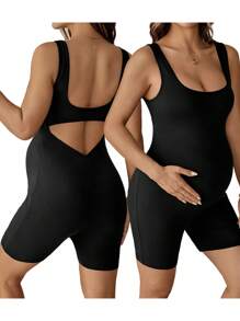 SHEIN Maternity Casual Black Knitted Fabric Sleeveless Scoop Neck Backless Semi-Sheer Short Jumpsuit For Comfortable Everyday Wear - Black - View 1