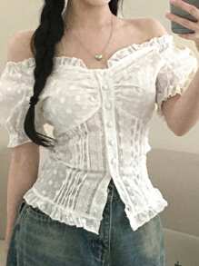 DAZY Áo cánh trễ vai viền bèo nhún cài đơn thời trang thu đông cho nữ - trắng - Xem 8