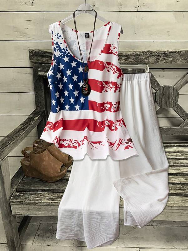 SHEIN LUNE Conjunto de 2 piezas de camiseta sin mangas estampada y pantalones para mujer de talla grande para verano