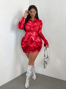 Maweii Plus Size Vintage-Look Mesh Magenta Top And Skirt 2 Pieces Set - Red - View 4