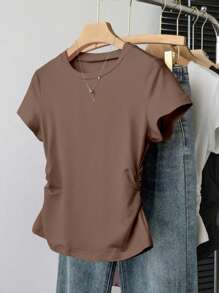 Camiseta casual versátil de mujer de unicolor, cuello redondo, manga corta y plisada