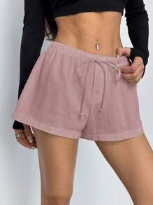 SHEIN PETITE Pantalones cortos casuales sueltos de mujer con cordón en la cintura y unicolor
