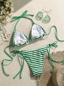 Swim Mod Women's Summer Beach Striped Halter Tie Sexy Bikini Swimsuit Set - Green - View 2