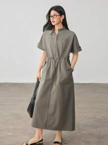 Dazy-Less Vestido sencillo y holgado de largo medio con bolsillo grande, cintura con cordón y estilo casual y elegante para mujeres como vestido de verano