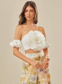 L'Amorae Women's Solid Color 3D Floral Off Shoulder Top, Fashionable For Summer, Vacation, Beach