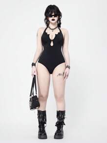 ROMWE Goth Traje de baño de una pieza con estampado de murciélago vampiro sexy gótico, Halloween
