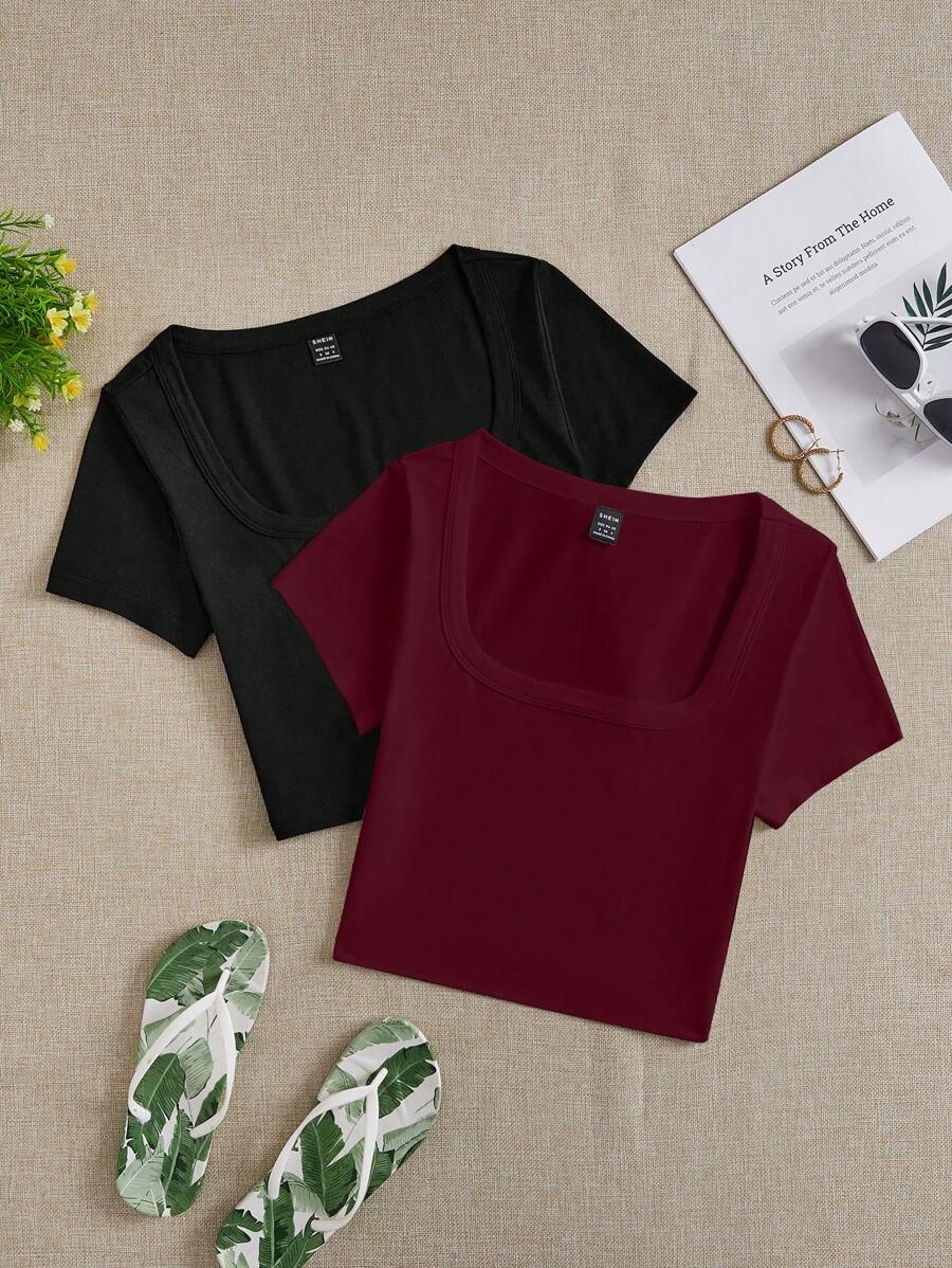 SHEIN EZwear 2 件套休闲简约黑色和酒红色方领短袖短款紧身 T 恤，适合女士夏季 - 彩色 - 查看 1