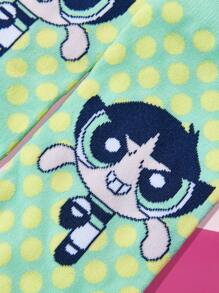 THE POWERPUFF GIRLS X SHEIN 1双女士舒适波尔卡圆点毛茛图案踝袜 - 彩色 - 查看 2