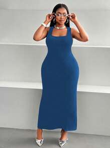 Maweii 大码休闲方领收腰修身吊带背心连衣裙 - 寶藍色 - 查看 3