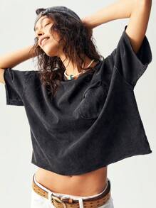 Bohemela Áo thun nữ tay ngắn cổ tròn thả vai màu trơn đơn giản thoải mái - màu đen - Xem 4