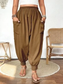 Calvaya 大码女式纯色松紧腰口袋抽绳踝带日常百搭哈伦裤
