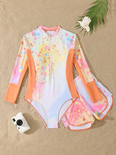 SHEIN 青少年女孩连体扎染印花拉链长袖泳衣（含独立短裤）泳装套装