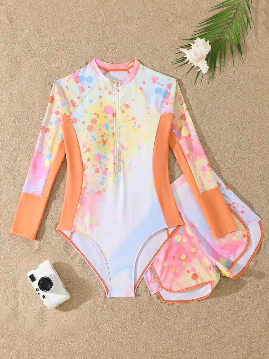 SHEIN 青少年女孩连体扎染印花拉链长袖泳衣（含独立短裤）泳装套装