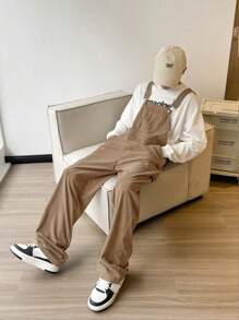 Claim Dot Loose Fit Men's Dungarees Jumpsuit With Pockets - Khaki - View 1