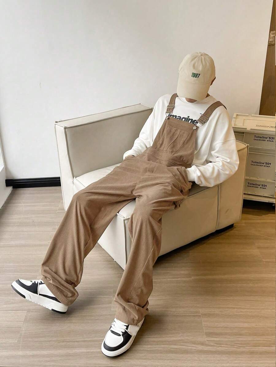 Claim Dot Loose Fit Men's Dungarees Jumpsuit With Pockets - Khaki - View 1