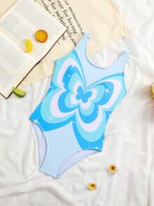 SHEIN Tween Girls' Butterfly Print One-Piece Swimsuit, Summer Beach Vacation - Multicolor - View 4