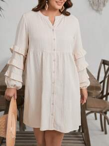 SHEIN VCAY Plus Size Women's Beige Linen Shirt Dress,Layered Ruffle Sleeve Boho Cotton Dresses,Autumn Vintage Casual Loose Vacation Holiday Beach Outfits - Apricot - View 3