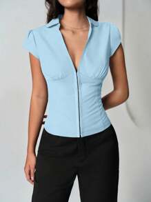 TRNVIE Smog Blue Cinched Waist Button V-Neck Casual Elegant Women Cap Sleeve Blouse - Baby Blue - View 5