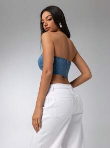 Aloruh Top tubo corto de mezclilla azul bebé casual para mujer: diseño sin tirantes y sin mangas con detalle de cremallera - Celeste - Ver 2
