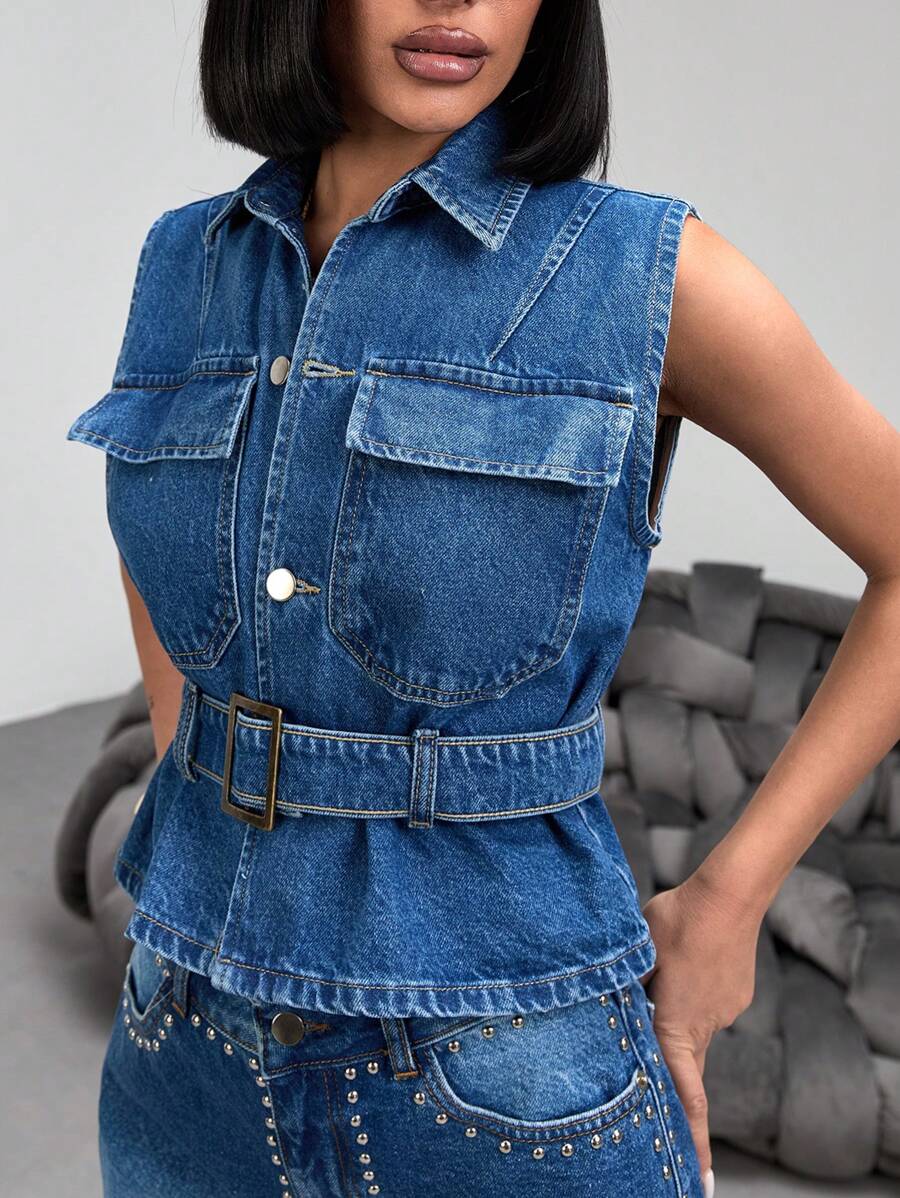 EURMUSE SLEEVELESS DENIM GREY VEST WITH BELT - Dark Wash - View 1