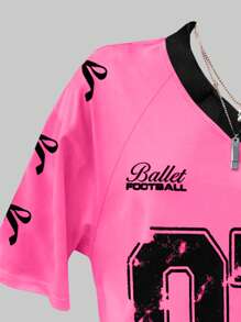 SHEIN Explorewe Tween Girl Pink Sports Jersey Tee Shirt, Summer - Hot Pink - View 4