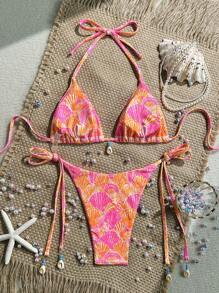 Swim Mod 2pcs Beach Summer Outfits For Women: Random Shell Print Textured Cami Top And Side Tie Swim Shorts Bohemian Bikini Set - Multicolor - View 2