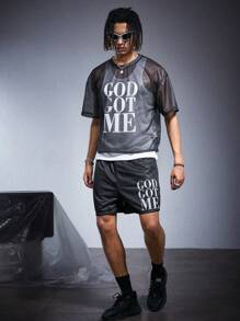 PAVTROS Manfinity Streetrush Men's Mesh Fabric "GOD GOT ME" T-Shirt Set , Men Clothes Men T Shirt Co Ords - Black - View 8