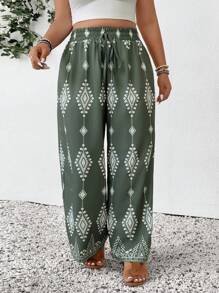 SHEIN Frenchy Plus Size Women Casual Bohemian Style Pants, For Summer Vacation