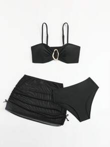 青少年女孩纯色细肩带比基尼套装，配有可拆卸衬垫上衣和芭蕾舞裙，时尚泳装，适合夏季 - 黑色 - 查看 1