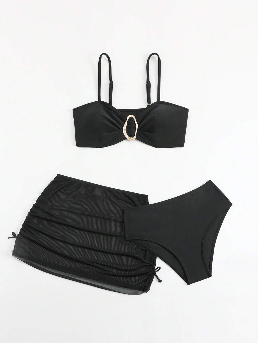 青少年女孩纯色细肩带比基尼套装，配有可拆卸衬垫上衣和芭蕾舞裙，时尚泳装，适合夏季 - 黑色 - 查看 1