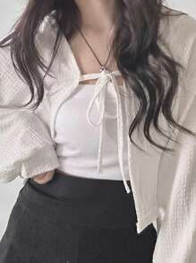 DAZY Áo thun nữ tay dài buộc nơ phía trước màu trơn đơn giản - trắng - Xem 6