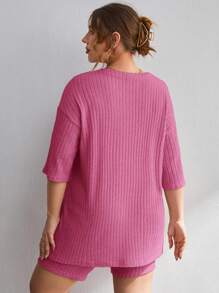 SHEIN Essnce 2pcs/Set Plus Size Casual Solid Color Drop Shoulder T-Shirt And Shorts, Summer - Hot Pink - View 2