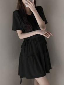 DAZY 纯色抽绳腰女式连衣裙太阳裙，休闲女式连衣裙