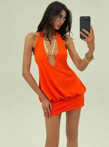 Aloruh New Sexy Deep V Neck Backless Ruched Clingy Mini Dress, Orange, For Going Out - Orange - View 6