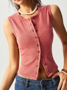 Bohemela Boho  Women's Summer Easter Festival Boho Style Washed Solid Color Knit Tank Top - Red - View 6