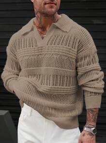 Manfinity Homme Men's Khaki Knitwear Semi-Sheer Sweater: Casual Long Sleeve Collared Rib-Knit Design With A Regular Fit And Length Perfect For Layering - Khaki - View 1