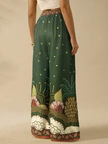 CAJUNI 热带复古印花休闲阔腿加长女裤，适合海滩/度假