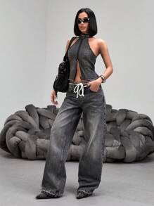 Jeans casual, diritti, con vita bassa, versatili, con tasche, in stile retrò, da donna