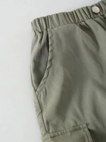 SHEIN 男童休闲简约纯色松紧腰宽松工装短裤，军绿色，夏季 - 軍綠色 - 查看 3