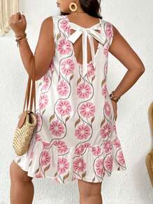 SHEIN Frenchy Plus Size Women Holiday Floral Print Tie Back Sleeveless Casual Dress - Multicolor - View 5