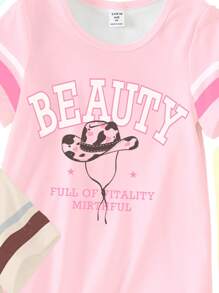 2pcs/Set Girls Sweet Minimalist Elegant Solid Pink/Apricot Base Cartoon Teddy Bear & Cowboy Short Sleeve Crew Neck Maxi Nightgown & Homewear Loungewear Set - White - View 5