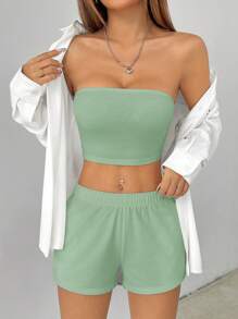 SHEIN PETITE Setelan Dua Potong Kasual Warna Polos untuk Wanita - Mint Green - View 3