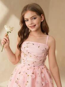 SHEIN Vestido de gasa rosa con tirantes de espagueti y hombros descubiertos para niña preadolescente, apto para fiesta de noche, banquete, actuación, cumpleaños, niña de las flores para bodas y otras ocasiones - Rosa - Ver 7