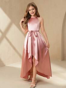 SHEIN Tween Girls Solid Color Asymmetric Hem Knotted Waist Elegant Party Dress