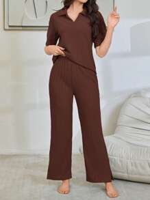 Lazeform Conjunto de pijama informal para mujer con top de cuello vuelto acanalado y pantalones