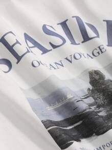 DAZY Camiseta oversize con gráfico de paisaje y eslogan, cuello caído