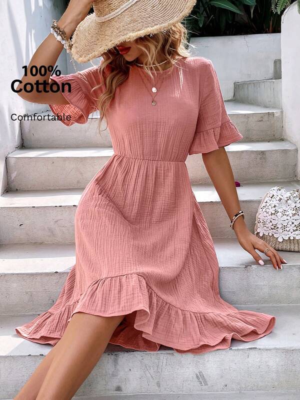 EMERY ROSE 1 pieza Vestido unicolor de manga con volante bajo con fruncido
