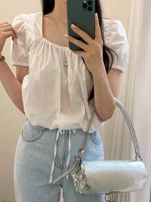 DAZY 休闲方领抽绳下摆女式衬衫夏季 - 白色 - 查看 6