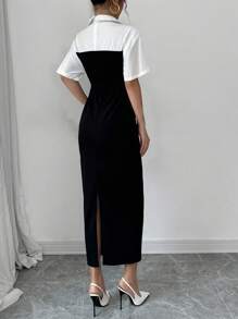 Chiquease Black & White Patchwork Contrast Color Slimming Short Sleeve Shirt Dress - Black and White - View 2