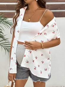 SHEIN Cherry Print Batwing Sleeve Casual Shirt For Pregnant Women - White - View 4